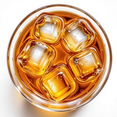 Refreshing Brown Beverage with Ice Cubes in a Clear Glass Top View