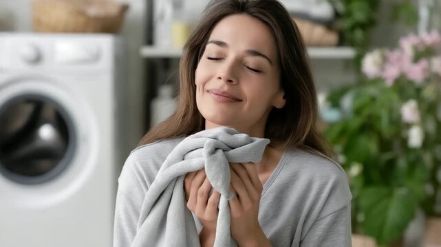 Happy woman smelling clean laundry, clean smell in house after doing washing, Clean clothes, Fragrance and scent. Clothing for hygiene, Care and housewife lifestyle, Hygiene concept	