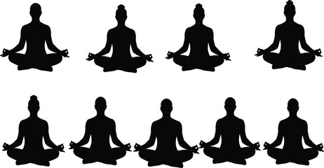Meditation silhouette sequence, yoga lotus pose illustration, mindfulness practice design, spiritual wellness concept, inner peace relaxation reference, mental health balance art