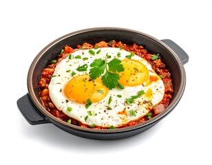 Two fried eggs atop a savory sauce in a skillet