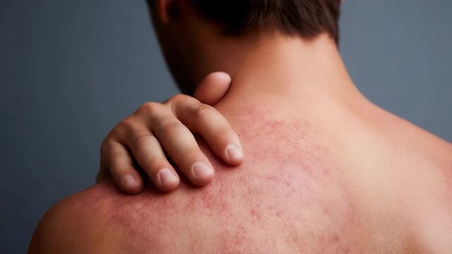 Close up of a person back with rash redness on the skin and hand touching it from behind. Redness and itching from allergies or sweat, Skin allergy concept	
