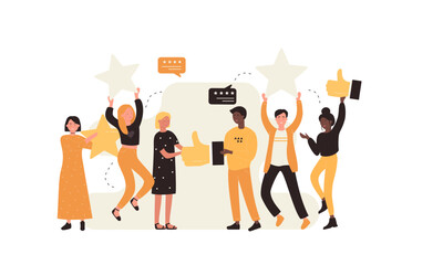 Joyful diverse team celebrating success, excellent feedback, and top ratings, illustrating a positive customer experience and social media achievement