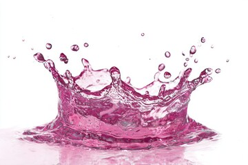 Pink liquid splash against white.  A vibrant pink liquid erupts in a crown-like splash against a pure white background.  Water droplets and ripples are visible