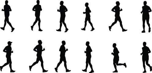 Running motion silhouette sequence, athlete jogging stride cycle, sports biomechanics illustration, human movement study, fitness training concept, animation reference design