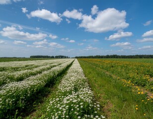 Obraz premium blooming yellow and white wildflowers under bright blue sky