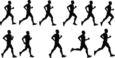 Running stride silhouette sequence, athlete jogging motion cycle, sports biomechanics stages, human locomotion study, fitness training reference, animation running movement illustration