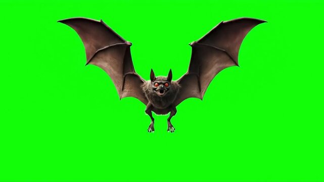 Frightening dark bat with glowing red eyes swoops menacingly on green screen background
