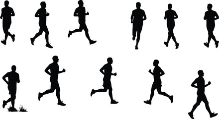 Running silhouettes vector, athletes in motion, jogging and sprinting poses, sport fitness activity illustration, outdoor lifestyle, exercise body movement collection