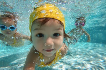 Cute kids engaging in a swimming class underwater at a sunny pool during the afternoon, enjoying their time learning to swim with joyful expressions