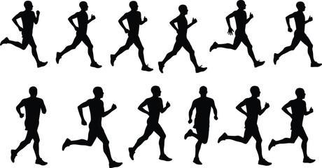 Running stride silhouette sequence, athlete jogging motion cycle, sports biomechanics study, human locomotion illustration, fitness training reference, animation movement design