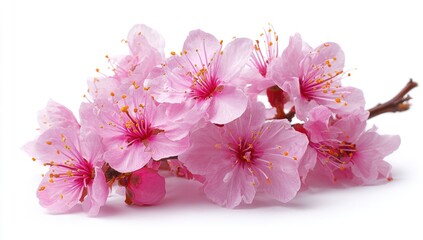Delicate pink blossoms on a branch.  A close-up of several blossoms, varying in slight shades of pink, with a prominent central stamen, set against a pure white background. 
