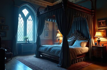 Victorian bedroom interior features medieval English home setting. Moonlight streams through arched window illuminating royal canopy bed with vintage furniture. Classic princess chamber, nighttime