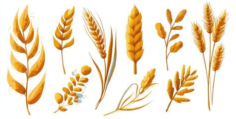 Collection of stylized golden wheat and grass sprigs