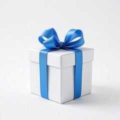Obraz premium White Gift Box with Blue Ribbon on a Light Background