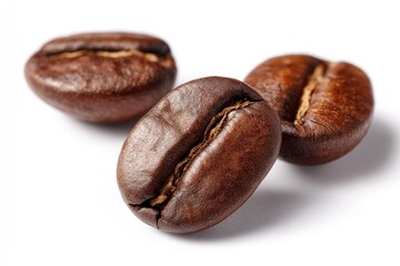 Close-up of three roasted coffee beans.  A trio of rich brown coffee beans,  focused and in sharp relief against a plain white background.  The beans' textures and  grooves are visible