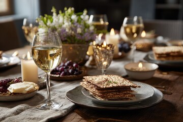 Table set for Passover Seder with wine, matzah, and candles creating a traditional, festive atmosphere in a cozy dining space