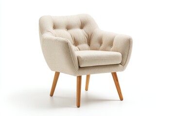Cream-colored upholstered armchair with light wooden legs