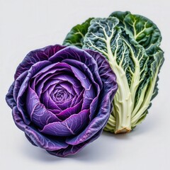 Obraz premium Fresh Purple Cabbage and Green Savoy Cabbage on Light Background