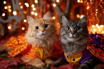 Halloween wallpaper featuring adorable cats dressed in colorful costumes, surrounded by festive decorations and warm lights, creating a charming autumn atmosphere