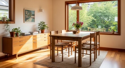 Fototapeta premium Serene Mid-Century Dining Room Bathed in Warm Sunlight from a Large Garden Window.