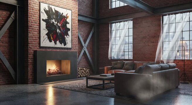 Industrial loft living room with brick wall and fireplace video