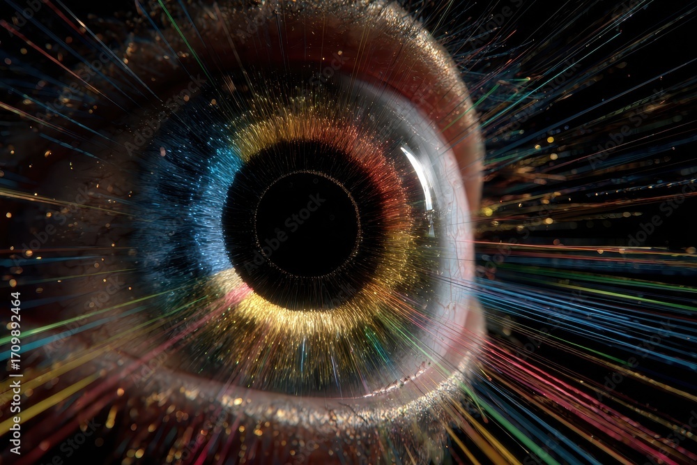 Poster multicolored iris animation depicting intricate patterns and vibrant colors in human eyes with a foc