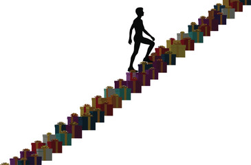 Silhouette of Man Climbing Gift Box Staircase, Symbolizing Progress, Success, Ambition, Celebration, Achievement, and Personal Growth Concept