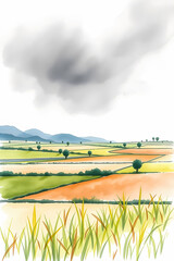 Beautiful watercolor landscape showing vast farmland with divided fields, green trees, distant mountains, and dark clouds in the sky, creating a serene rural countryside atmosphere.