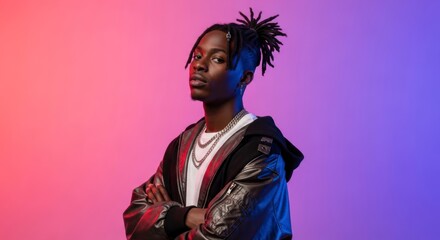 Confident Young Man with Dreadlocks in Stylish Jacket Under Vibrant Pink and Blue Light.