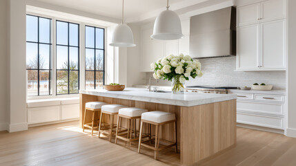 Elegant Kitchen Interior: A bright, modern kitchen, featuring a stylish island with comfortable seating, ample natural light, and tasteful décor, embodying the essence of luxury and refined living.