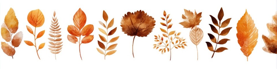 Fototapeta premium Watercolor autumn leaves and branches in warm, muted golds and browns