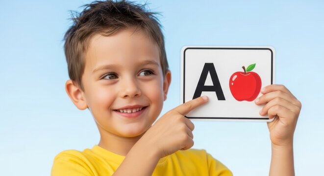 A Proud Young Boy with a Bright Smile Points to an A is for Apple Flashcard.