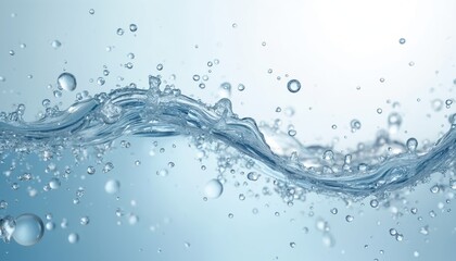 Close-up abstract composition of clear transparent liquid with suspended bubbles. Fluid motion, purity, freshness captured with high speed photography. Smooth texture, clean water, splash, wave