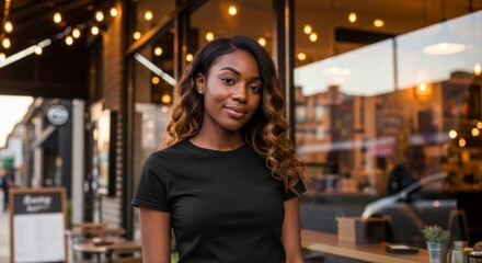 Serene Urban Portrait - Woman by a Cafe Window with Glowing Bokeh Lights.