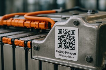 A battery unit with a QR-labeled digital passport for EU compliance, showing advanced traceability in energy storage systems.