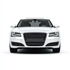 Naklejka premium Front view of a white sedan. Glossy white car, straight-on, modern design, front grille, sporty appearance, sedan body style, isolated background