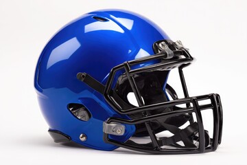 Bright blue football helmet, black facemask, studio shot