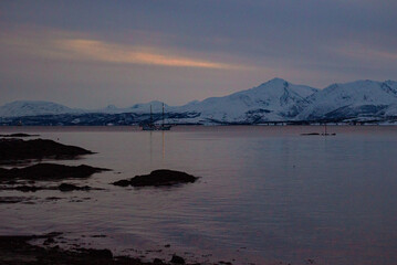 Pink Polar Night Sunrise Over Mountains and Bay in Telegrafbukta, Tromsø, Norway