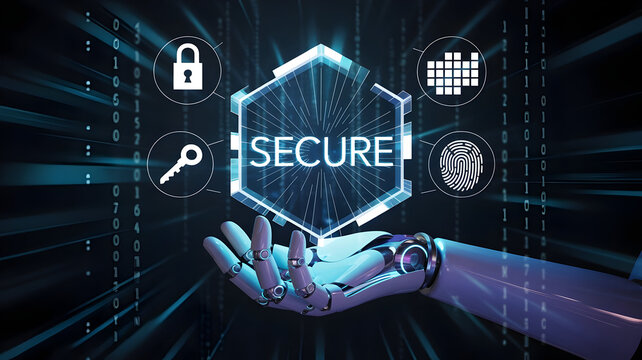 A futuristic robot hand is holding a glowing secure interface for digital data protection and privacy