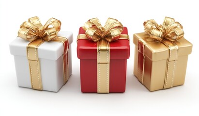 Obraz premium Three gift boxes, white, red, and gold, arranged in a row against a plain white background. Each box features a gold ribbon and bow