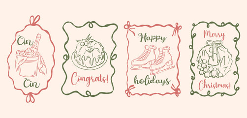 Christmas retro posters. Vintage New Year design with champagne, cake, skates and wreath. For holiday tag, card or invitation.