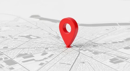 Vibrant Red 3D Location Pin Marking a Destination on a Stylized White Map with a Shallow Depth of Field.
