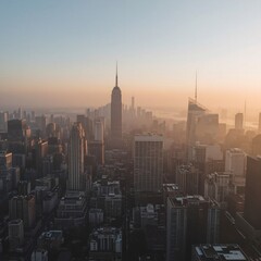 Fototapeta premium Wide Cityscape Shot with Orange Sunrise Behind Tall Towers