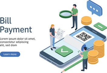 Isometric Mobile Bill Payment, QR Code, Invoice, Online Payment, Digital Transaction, Finance App, Smartphone Payment, Payment Gateway, Modern Technology