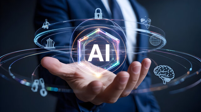 Businessman holding a glowing ai hologram showcasing future technology and global business innovation