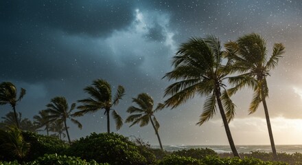 Fototapeta premium Palm Trees Bending in Tropical Storm at Night