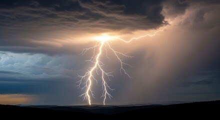 A Brilliant Forked Lightning Bolt Rips Through Turbulent Storm Clouds Over a Dark Horizon.