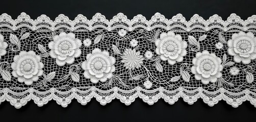 Elegant white floral lace fabric textile features intricate floral patterns, embroidered flowers with seamless repeat design. Luxurious material offers vintage yet stylish aesthetic perfect for
