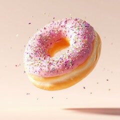 Pink frosted donut in mid-air, sprinkled with colorful bits