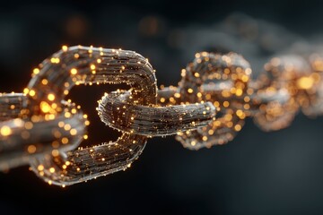 Blockchain technology represented through a hyper-realistic visualization of interconnected links illustrating the concept of secure bitcoin transfer
